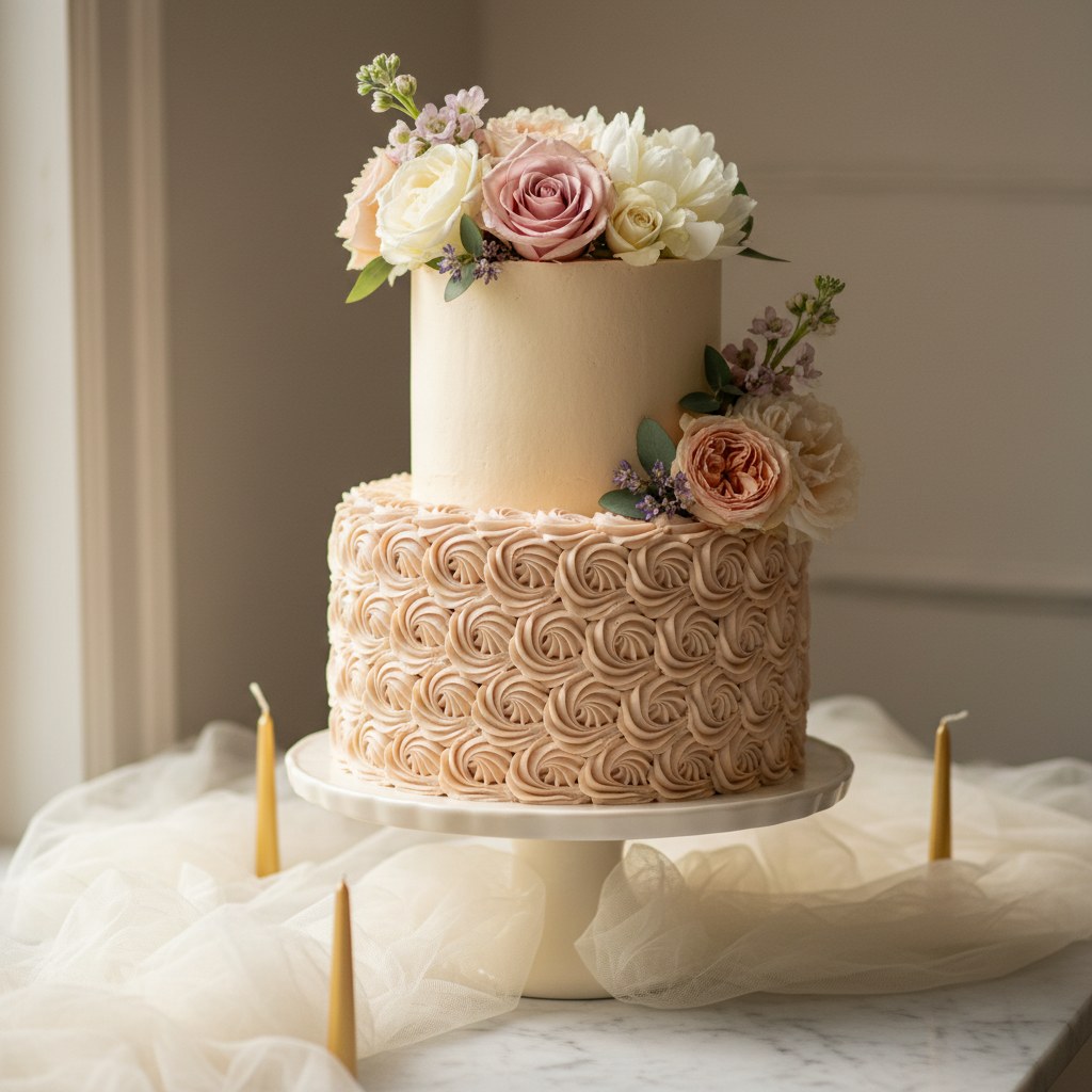 Şampanya rengi krema ile süslenmiş katlı doğum günü pastası