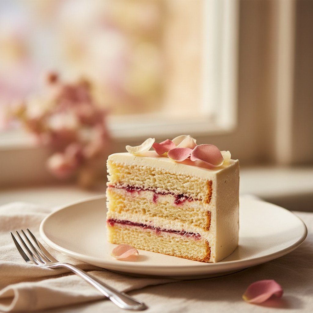 Krem rengi tabakta gül yapraklı pasta dilimi