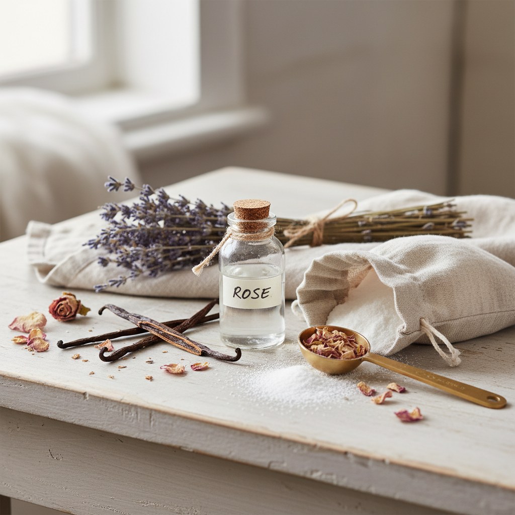 Ahşap tezgâhta kuru meyve, lavanta ve vanilya çubukları